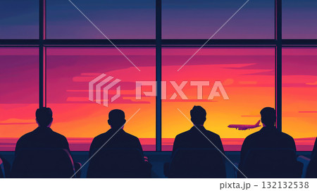 Travelers silhouetted against vibrant sunset view from airport gate Travelers silhouetted against vibrant sunset view from airport gate 132132538
