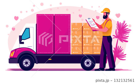 Warehouse worker checking inventory on truck loaded with boxes 132132561