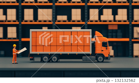 Loading goods onto truck in warehouse with orange storage units 132132562