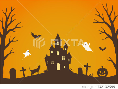 お化け屋敷とおばけのハロウィン背景_横 132132599