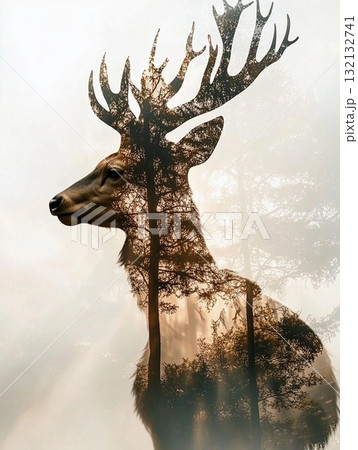 Majestic stag with trees and light blending in a surreal artistic representation 132132741