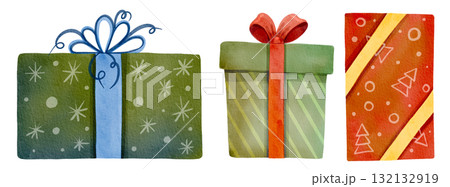Festive set with gift boxes. Bright holiday presents. Watercolor illustration. Suitable for holiday decorations, printing, cards, and decor. 132132919