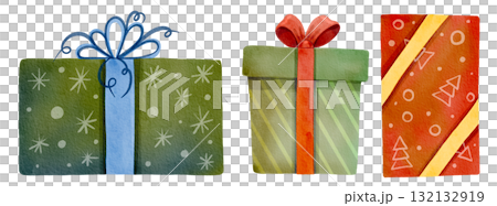 Festive set with gift boxes. Bright holiday presents. Watercolor illustration. Suitable for holiday decorations, printing, cards, and decor. 132132919