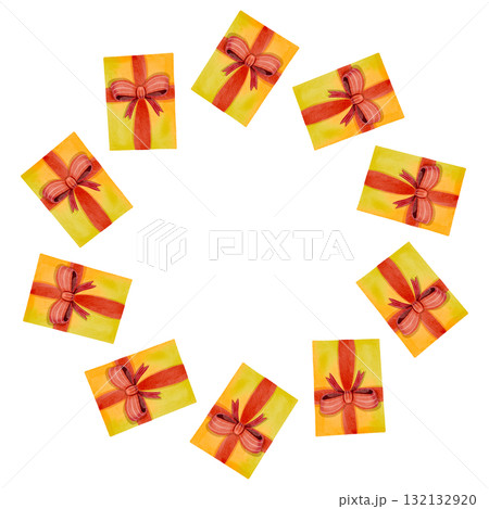 Festive round frame with gift boxes decorated with red ribbons. Watercolor illustration suitable for printing, cards, and decor. Festive round frame with gift boxes decorated with red ribbons. Watercolor illustration suitable for printing, cards, and decor. 132132920