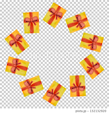 Festive round frame with gift boxes decorated with red ribbons. Watercolor illustration suitable for printing, cards, and decor. Festive round frame with gift boxes decorated with red ribbons. Watercolor illustration suitable for printing, cards, and decor. 132132920
