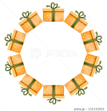Festive round frame featuring yellow gift boxes with a green bow. Watercolor illustration is perfect for prints, cards, and decor. Festive round frame featuring yellow gift boxes with a green bow. Watercolor illustration is perfect for prints, cards, and decor. 132132923