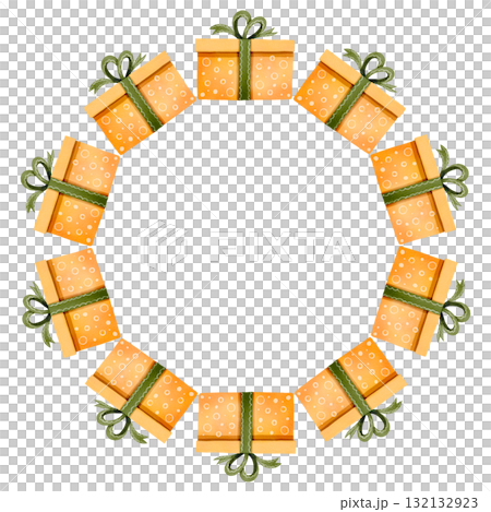 Festive round frame featuring yellow gift boxes with a green bow. Watercolor illustration is perfect for prints, cards, and decor. Festive round frame featuring yellow gift boxes with a green bow. Watercolor illustration is perfect for prints, cards, and decor. 132132923