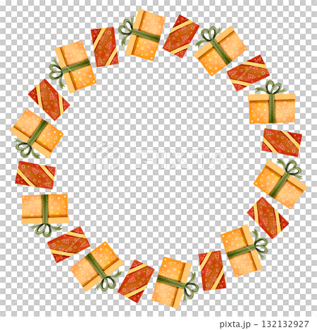 Festive round frame with yellow and red gift boxes. Watercolor illustration is perfect for prints, cards, and decor. Festive round frame with yellow and red gift boxes. Watercolor illustration is perfect for prints, cards, and decor. 132132927