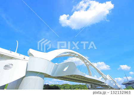 愛知県豊田市、矢作川に架かる豊田大橋の風景 132132963