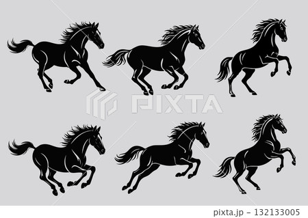 走る馬のシルエットイラストセット 走る馬のシルエットイラストセット 132133005