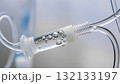 Close-up of a medical IV line with air bubbles. Medical equipment. 132133197