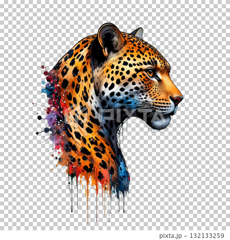 Sleek leopard profile portrait with a watercolor/paint splatter effect, bursting with orange, blue, and red. wild animal, Sleek leopard profile portrait with a watercolor/paint splatter effect, bursting with orange, blue, and red. wild animal, 132133259