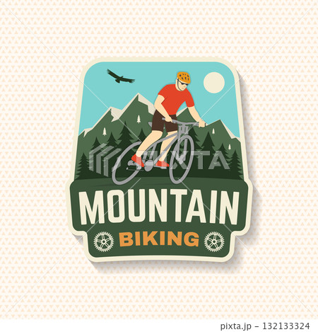Mountain biking patch, sticker. Vector illustration. Concept for shirt or logo, print, stamp or tee. Vintage typography design with man riding bike and forest Mountain biking patch, sticker. Vector illustration. Concept for shirt or logo, print, stamp or tee. Vintage typography design with man riding bike and forest 132133324