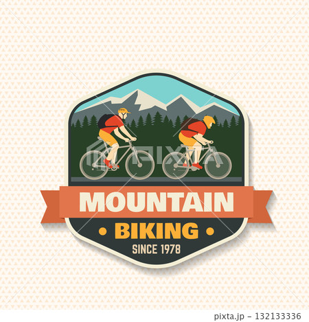 Mountain biking patch, sticker. Vector illustration. Concept for shirt or logo, print, stamp or tee. Vintage typography design with man riding bike and mountain silhouette. Mountain biking patch, sticker. Vector illustration. Concept for shirt or logo, print, stamp or tee. Vintage typography design with man riding bike and mountain silhouette. 132133336