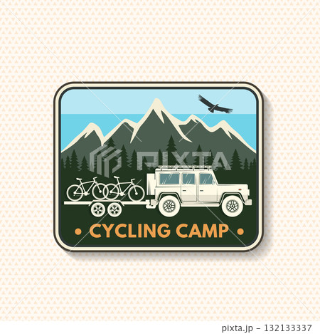 Cycling camp patch, sticker. Vector illustration. Concept for shirt or logo, print, stamp or tee. Vintage typography design with car and trailer, mountain bikes and mountain silhouette 132133337