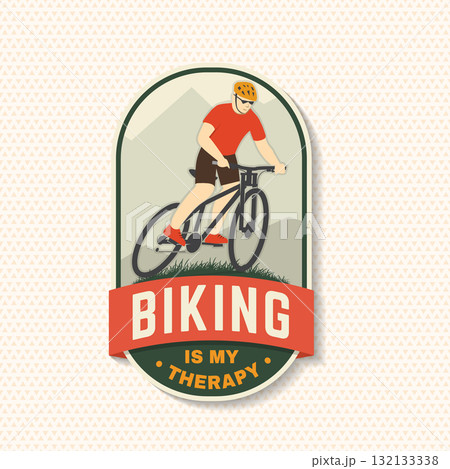 Mountain biking patch, sticker. Vector illustration. Concept for shirt or logo, print, stamp or tee. Vintage typography design with man riding bike and forest Mountain biking patch, sticker. Vector illustration. Concept for shirt or logo, print, stamp or tee. Vintage typography design with man riding bike and forest 132133338