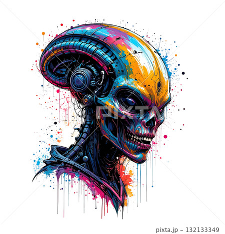 Futuristic cyborg alien head, highly detailed with mechanical parts and vibrant, colorful paint splatter effects. 132133349