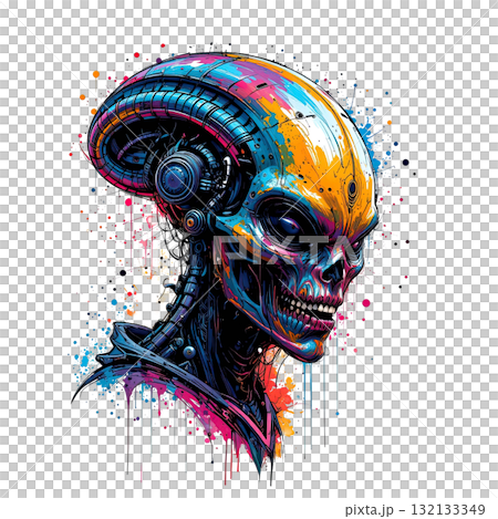 Futuristic cyborg alien head, highly detailed with mechanical parts and vibrant, colorful paint splatter effects. 132133349