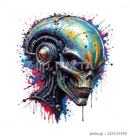 Futuristic cyborg alien head, highly detailed with mechanical parts and vibrant, colorful paint splatter effects. Futuristic cyborg alien head, highly detailed with mechanical parts and vibrant, colorful paint splatter effects. 132133350