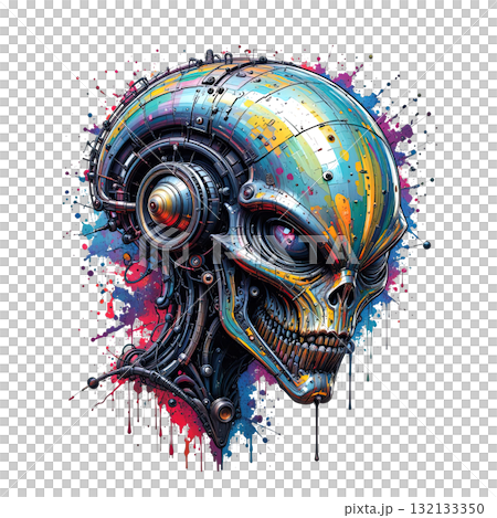 Futuristic cyborg alien head, highly detailed with mechanical parts and vibrant, colorful paint splatter effects. Futuristic cyborg alien head, highly detailed with mechanical parts and vibrant, colorful paint splatter effects. 132133350