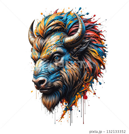 Vibrantly colored bison head with a dynamic, graffiti-style paint splatter effect, blending nature with abstract modern art. Vibrantly colored bison head with a dynamic, graffiti-style paint splatter effect, blending nature with abstract modern art. 132133352