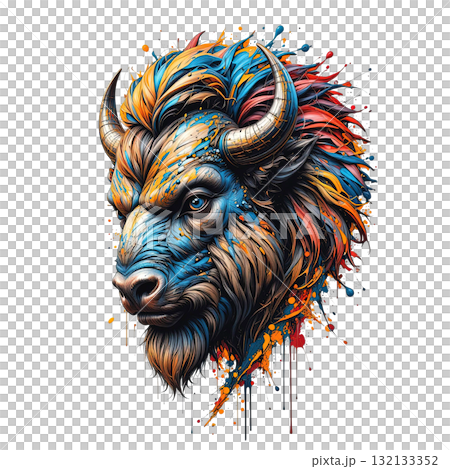 Vibrantly colored bison head with a dynamic, graffiti-style paint splatter effect, blending nature with abstract modern art. Vibrantly colored bison head with a dynamic, graffiti-style paint splatter effect, blending nature with abstract modern art. 132133352