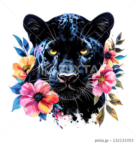 Mysterious black panther portrait with piercing yellow eyes, elegantly framed by soft, colorful watercolor flowers and foliage. wild animal. Mysterious black panther portrait with piercing yellow eyes, elegantly framed by soft, colorful watercolor flowers and foliage. wild animal. 132133353