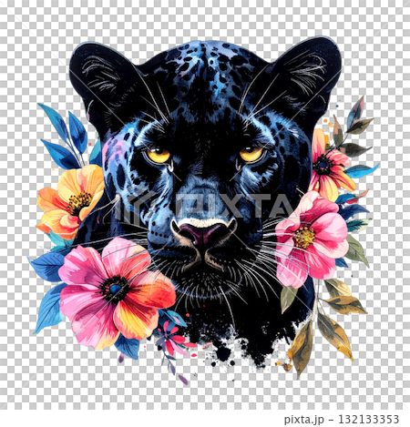 Mysterious black panther portrait with piercing yellow eyes, elegantly framed by soft, colorful watercolor flowers and foliage. wild animal. 132133353