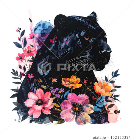 Mysterious black panther portrait with piercing yellow eyes, elegantly framed by soft, colorful watercolor flowers and foliage. wild animal. Mysterious black panther portrait with piercing yellow eyes, elegantly framed by soft, colorful watercolor flowers and foliage. wild animal. 132133354