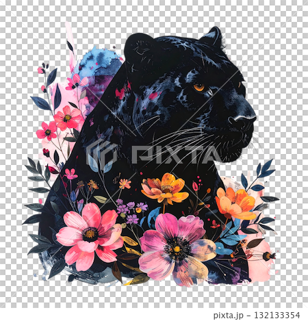 Mysterious black panther portrait with piercing yellow eyes, elegantly framed by soft, colorful watercolor flowers and foliage. wild animal. Mysterious black panther portrait with piercing yellow eyes, elegantly framed by soft, colorful watercolor flowers and foliage. wild animal. 132133354