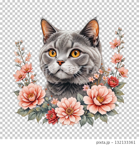 Realistic gray cat with intense orange eyes, gently framed by a delicate wreath of soft, realistic pink and white flowers. Pet. 132133361