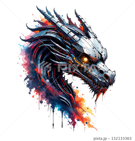 Intense cyborg dragon head, a mechanical monster with metal plating and a powerful splash of hot, vibrant colors. 132133363