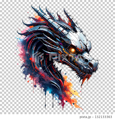 Intense cyborg dragon head, a mechanical monster with metal plating and a powerful splash of hot, vibrant colors. 132133363