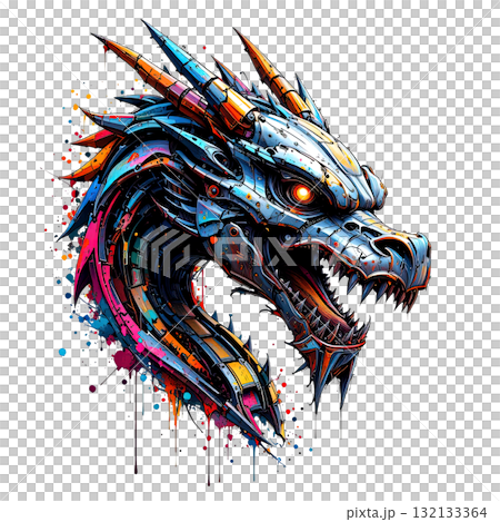 Intense cyborg dragon head, a mechanical monster with metal plating and a powerful splash of hot, vibrant colors. Intense cyborg dragon head, a mechanical monster with metal plating and a powerful splash of hot, vibrant colors. 132133364