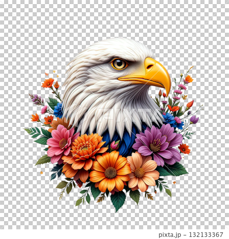 Majestic Bald Eagle head with realistic feathers and a yellow beak, surrounded by a lush wreath of vibrant, colorful flowers. Majestic Bald Eagle head with realistic feathers and a yellow beak, surrounded by a lush wreath of vibrant, colorful flowers. 132133367