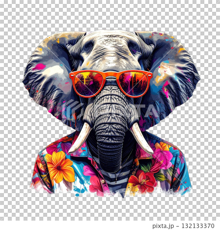 Vibrant elephant portrait with neon paint splatter effects, wearing cool sunglasses and surrounded by tropical flowers. Vibrant elephant portrait with neon paint splatter effects, wearing cool sunglasses and surrounded by tropical flowers. 132133370