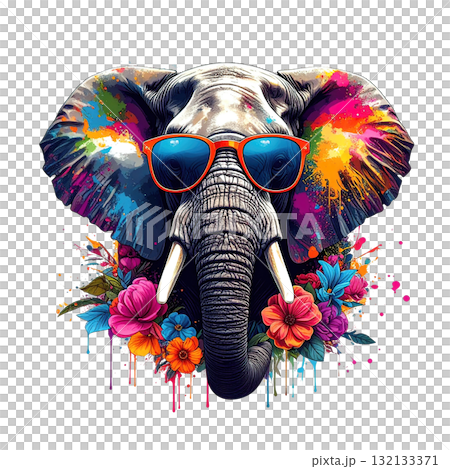 Vibrant elephant portrait with neon paint splatter effects, wearing cool sunglasses and surrounded by tropical flowers. Vibrant elephant portrait with neon paint splatter effects, wearing cool sunglasses and surrounded by tropical flowers. 132133371