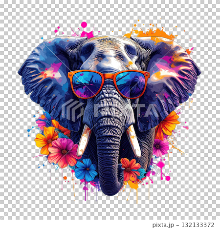 Vibrant elephant portrait with neon paint splatter effects, wearing cool sunglasses and surrounded by tropical flowers. Vibrant elephant portrait with neon paint splatter effects, wearing cool sunglasses and surrounded by tropical flowers. 132133372
