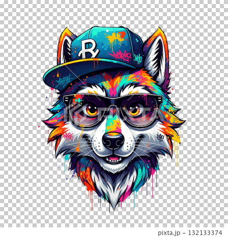Cool fox with graffiti-style fur, wearing sunglasses and a snapback cap, blending street art with wildlife portraiture. 132133374