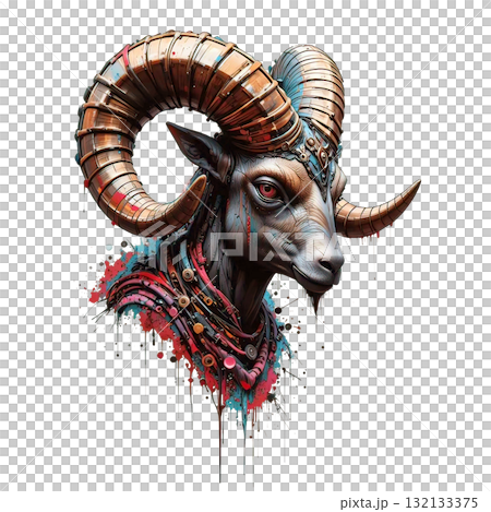 Steampunk styled goat/ram head with elaborate metallic horns and a bold, paint-splatter mixed media aesthetic. Steampunk styled goat/ram head with elaborate metallic horns and a bold, paint-splatter mixed media aesthetic. 132133375