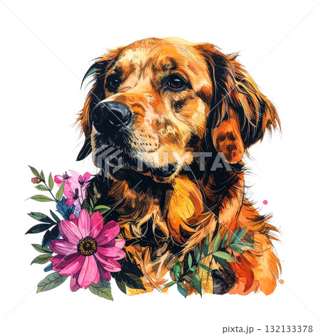 Expressive, painterly Golden Retriever portrait with a happy tongue out, accented by a bold, colorful watercolor flower at the bottom. Pet. Expressive, painterly Golden Retriever portrait with a happy tongue out, accented by a bold, colorful watercolor flower at the bottom. Pet. 132133378