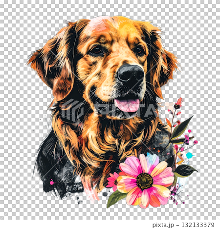 Expressive, painterly Golden Retriever portrait with a happy tongue out, accented by a bold, colorful watercolor flower at the bottom. Pet. Expressive, painterly Golden Retriever portrait with a happy tongue out, accented by a bold, colorful watercolor flower at the bottom. Pet. 132133379