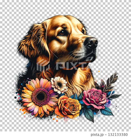 Expressive, painterly Golden Retriever portrait with a happy tongue out, accented by a bold, colorful watercolor flower at the bottom. Pet. Expressive, painterly Golden Retriever portrait with a happy tongue out, accented by a bold, colorful watercolor flower at the bottom. Pet. 132133380