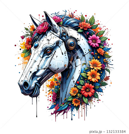 Elegant cyborg horse head with sleek white metal plating, contrasting beautifully with a colorful, lush floral wreath and paint splatters. Elegant cyborg horse head with sleek white metal plating, contrasting beautifully with a colorful, lush floral wreath and paint splatters. 132133384