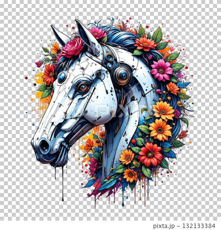 Elegant cyborg horse head with sleek white metal plating, contrasting beautifully with a colorful, lush floral wreath and paint splatters. Elegant cyborg horse head with sleek white metal plating, contrasting beautifully with a colorful, lush floral wreath and paint splatters. 132133384