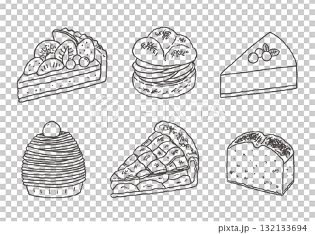 いろんなケーキの手描きイラストセット（モノクロ） 132133694