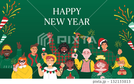 Happy New Year poster with multicultural friends celebrating together Happy New Year poster with multicultural friends celebrating together 132133813