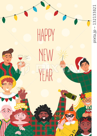 Vertical Happy New Year poster with cheerful friends celebrating holiday 132133821