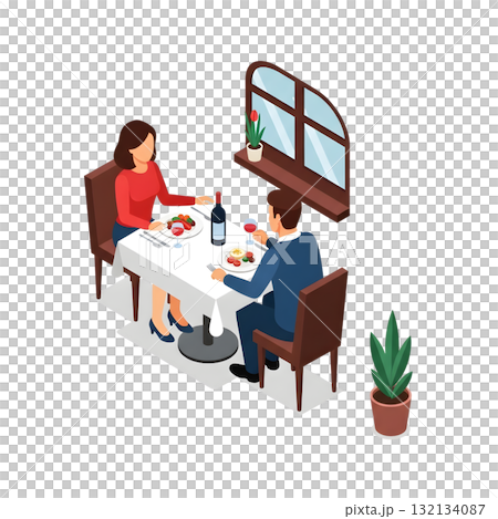 Isometric illustration of a couple enjoying dinner Isometric illustration of a couple enjoying dinner 132134087