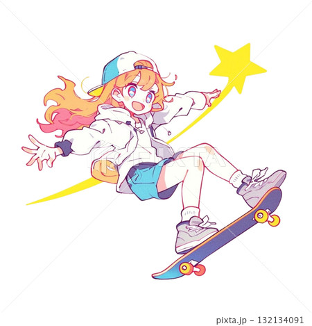 スケボーで跳ぶ金髪少女のイラスト、笑顔、背景なし、素材、ストリートスタイル 132134091